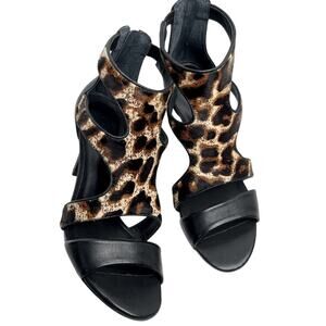 Sandro Paris Animal Print Black Leather Stiletto High Heel Sandals Pumps
